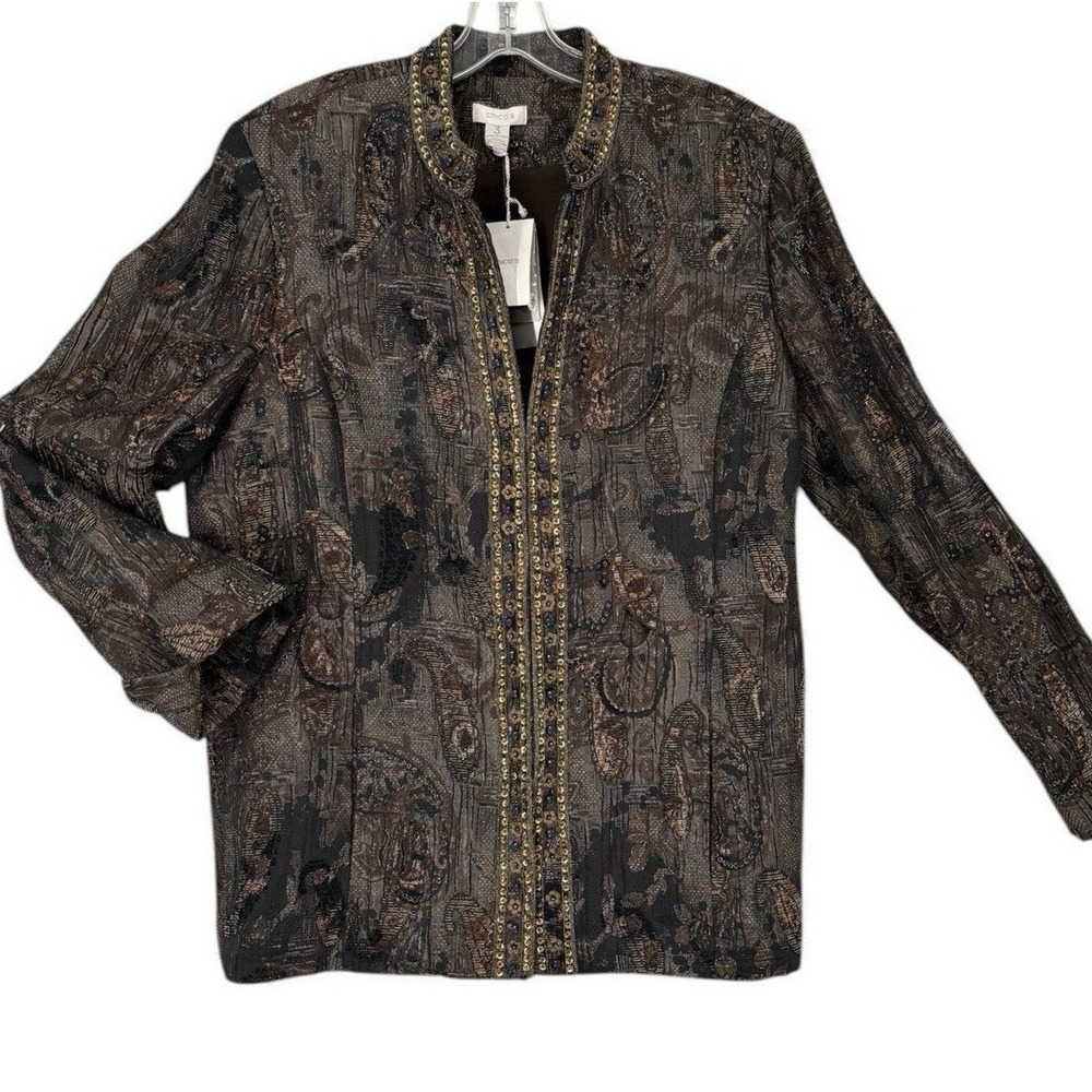 Chico's Shireen Jacket Women 3 Chocolate‎ NWT Beaded Jewel Paisley Jacquard Open